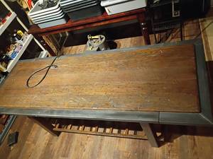 lot 950 image: Wooden and Metal Table with Power Strip.  30 x 84 x 30. Winners of this will need to schedule a later pick up time
