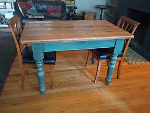 lot 964 image: Wooden Farm House Style Table with 2 Chairs.  30 x 48 x 30