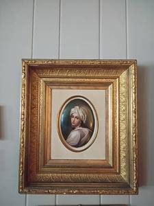 lot 974 image: Framed Oval, Convex, Hand Painted Porcelain Portrait Plaque.  17 x 15