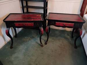 lot 986 image: 2 Red and Black Lacquered Side Tables.  Chinoiserie Accent Tables with Curved Legs. Both have one drawer. Matching but one top needs repaired.  25 x 28 x 18