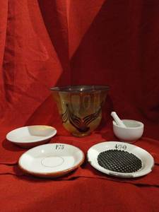 lot 1006 image: Amber Glass Bowl unknown makers mark Ceramic Dishes Mortar Pestle