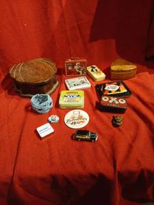 lot 1078 image: Wooden Heart-Shaped Box. Metal tins miscellaneous
