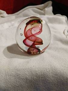 lot 1102 image: Karg Glass Paperweight with Red Swirl Design  3 inches