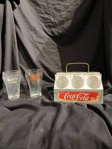 lot 1107 image: Coca-Cola Glassware 2,  vintage aluminum  coca cola 6-Bottle Carrier with plain  Glasses