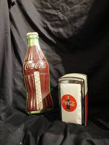 lot 1108 image: Coca-Cola Bottle Thermometer 17 inches tall and Napkin Holder