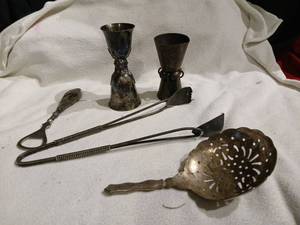 lot 1116 image: Silver plated  Barware Lot - 2 Goblets, Tongs, Strainer Spoon, bottle opener