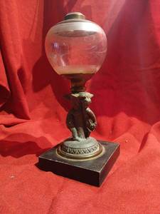 lot 1125 image: Vintage  Oil Lamp with boy and girl at  Base and Glass etched Globe