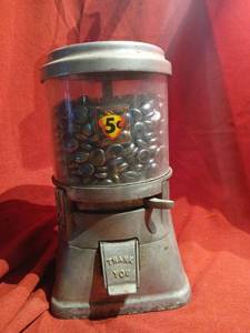 lot 1128 image: 5 Cent Gumball Machine Dispenser with THANK YOU Plate does work no key lid does come off