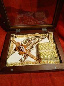lot 1138 image: Wood Display Box with Shell  Decorative Textiles