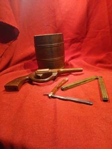 lot 1144 image: Vintage  lot, Briggs Smoking Tobacco Humidor no lid,  old wood hand carved replica revolver ,  2 ft folding ruler and folding straight razor