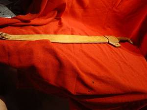 lot 1154 image: Antique mexican machete with Etched Blade and animal head  on Handle with protective sheath 28 inches long