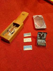 lot 1163 image: Minature wood Violin with mother of pearl inlay , string broken , vintage Myatt mini ladies razor,  vintage silver plated matchtoothpick holder