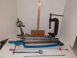 lot 1302 image: Hand Tool Lot, Hand Drill, C-Clamp, Wrenches, blue tool DASCO PRO sheet metal bender and more