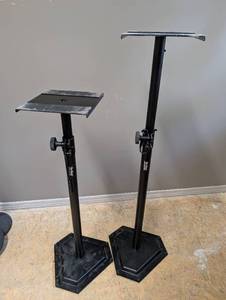 lot 1313 image: OnStage Pair of Adjustable Studio Monitor Stands with Metal Platforms. Expands to 62 in tall.