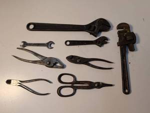 lot 1424 image: Old Hand Tools with Ford Wrench Pliers Pipe Wrench and more