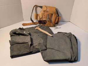 lot 1437 image: Leather Tool Apron with thin leather pieces. Largest soft leather scrap is 48x42