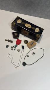 lot 1506 image: Vintage Chinese Wood Jade BrassJewelry Box with  Medals, Necklaces, Padlock and Small Items