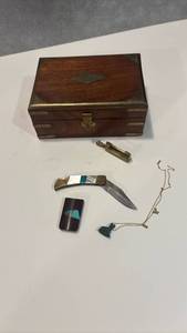 lot 1507 image: Brass and Wood Box with Folding Knife, Money Clip and Brass Vintage Lock