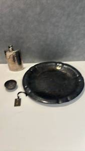 lot 1509 image: Hammered Flask, Round Silver Tray and Small Bowl
