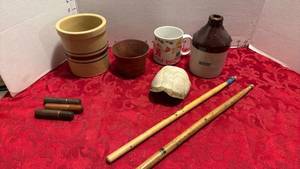 lot 1568 image: Roseville crock, turtle shell, drumsticks and turtle shell
