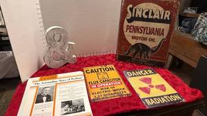 lot 1577 image: Vintage Sinclair motor oil tin sign 16x12, Danger and Caution tin signs and wood sign