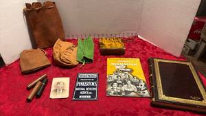 lot 1578 image: Vintage Sunbeam brochure, leather  bags, Pinkerton tin sign and toothpick holders