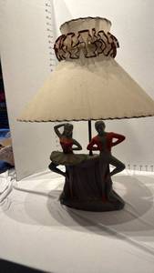 lot 1631 image: Ceramic dancers table lamp 23 inches tall stain on shade
