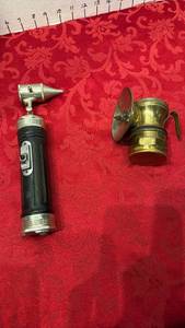 lot 1680 image: Vintage Burgess medical device light  and Auto Lite and Vintage Miners Auto-Lite Carbide Light