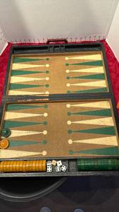 lot 1684 image: Vintage folding Backgammon board set with Bakelite checkers