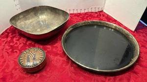 lot 1692 image: Silver plate serving dishes and brass trinket box