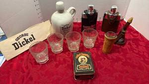 lot 1707 image: George Dickel whisky jug, 4 glasses, flask, bottle and Jack Daniels playing cards