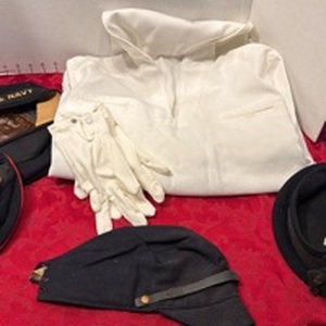 lot 1709 image: Military dress shirt, gloves, US Navy hat, Japanese naval hat