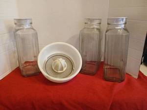 lot 1804 image: Lot of 3 Glass Storage Jars with White Ceramic juicer Bowl