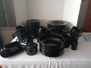 lot 1806 image: Mikasa Black Enamelware Dinnerware Set Plates Bowls Cups Serving Pieces 60 pieces  chips noted see in pictures