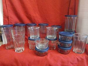 lot 1807 image: Glass Food Storage Containers with Blue Lids 31 pieces