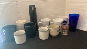lot 1912 image: Coffee Mugs Cups and small thermos