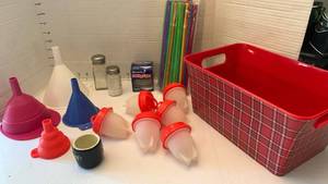 lot 1929 image: Kitchen Funnels, jello molds, straws and salt shakers