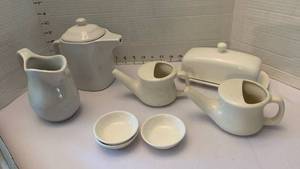 lot 1930 image: White Ceramic Tea Server, Creamer Sugar Bowls and butter dish