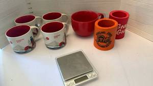 lot 1931 image: Coffee Mugs Kansas City Graphic & Red soup cup, koozies and food scale