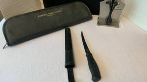 lot 1949 image: Brod and Taylor knife sharpener, filet knife in case and zippered knife case