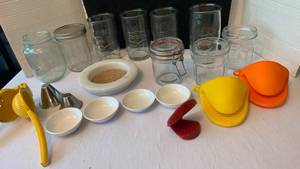lot 1950 image: Misc glass jars, pot holders and more