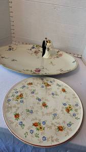 lot 1954 image: Sunnyvale China platter and Floral Cake Plate has crack with Bride Groom Figurines