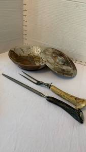 lot 1955 image: Covered pottery bowl with serving fork and sharpener