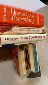 lot 1958 image: Lot of 3 Cookbooks Bittman How to Cook Everything, Wellness Lowfat, Crock-Pot Slow Cooker Bible and recipe cards