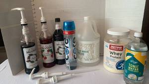 lot 1969 image: Vinegar, water, cherry and strawberry syrups and protein powder