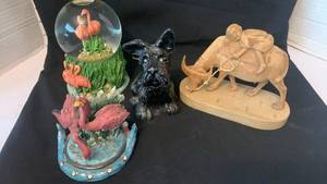 lot 1985 image: Home decor Decorative Flamingo musical Snow Globe, Dog and wooden cow
