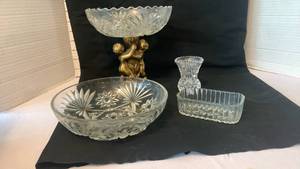 lot 1986 image: Glass Decorative Bowls one with Cherub Base and tooth pick holder