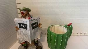 lot 1990 image: The Beecrafter Clown Figurine Reading Newspaper and cactus cup