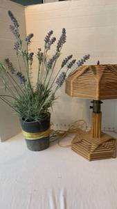lot 1997 image: Popsicle stick Table Lamp 15 inches tall and artificial flower arrangement