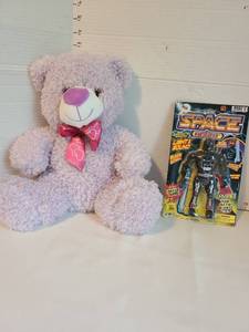 lot 2108 image: Lot Plush Bear with Pink Bow and Space Robot Action Figure